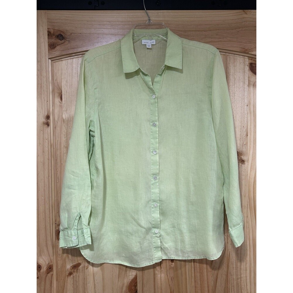 J Jill Love Linen Lime Green Long Sleeve Shirt Button Up Size M 100% Linen